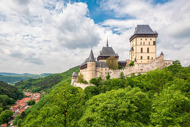 Karlstein Castle Karlstein, Czech Republic - May 26, 2016: Karlstein Castle is a large Gothic castle founded in 1348 by King Charles IV, Holy Roman Emperor and King of Bohemia.  czech culture stock pictures, royalty-free photos & images