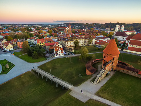 Kaunas, Lithuania: aerial top view of old town and castle