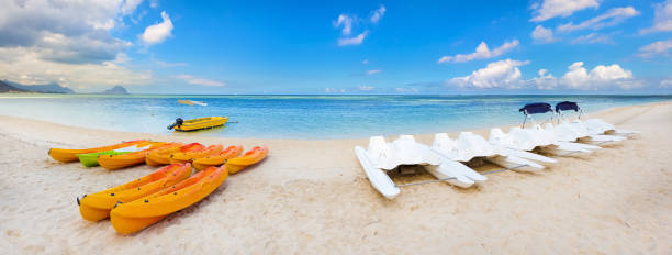 Kayaks at Wolmar beach. Mauritius stock photo