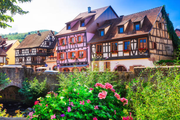 Kaysersberg- one of the most beautiful villages of France , Alsace region pictorial small colorful towns of Alsace region in France (border with Germany) riquewihr stock pictures, royalty-free photos & images