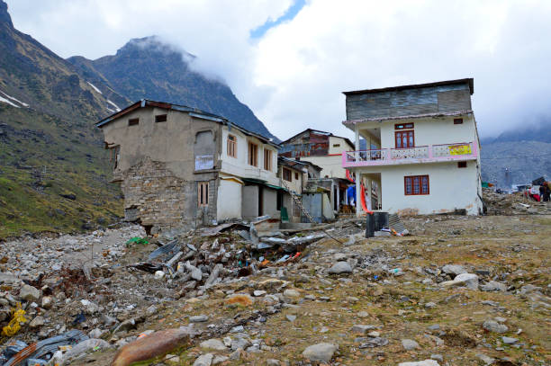 Kedarnath floods in 2013 Kedarnath, Uttarakhand, India - May 5, 2017: Even after 4 years, the scars of the Kedarnath disaster are still left, which reflects their horrors. The flood of 2013, which wreaked havoc and killed thousands of people, was an outcome of the rage of the Mandakini. kedarnath temple stock pictures, royalty-free photos & images