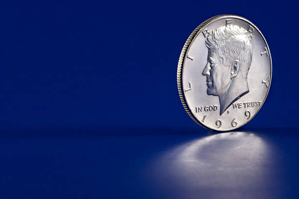 Kennedy Half Dollar 1969 Coin, Blue Background stock photo