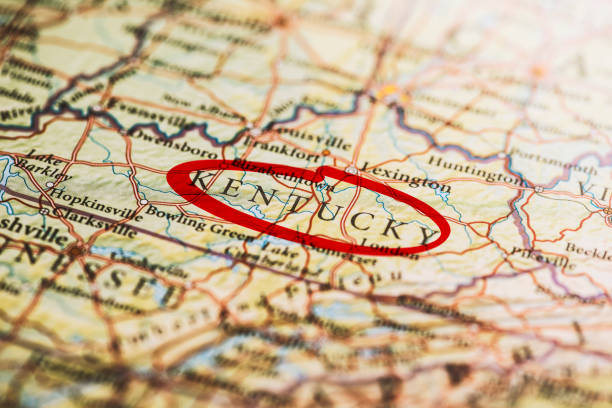 Kentucky Marked on Map Kentucky circled with red marker on map. Close up shot. kentucky stock pictures, royalty-free photos & images