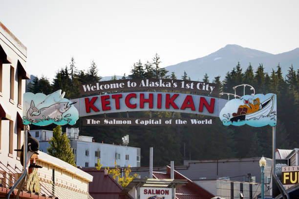 Ketchikan welcome sign over Mission Street, Ketchikan, Alaska. stock photo
