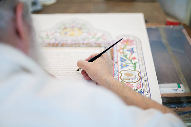 Ketubah Scribe filling in a Ketubah, a Jewish wedding contract ketubah stock pictures, royalty-free photos & images