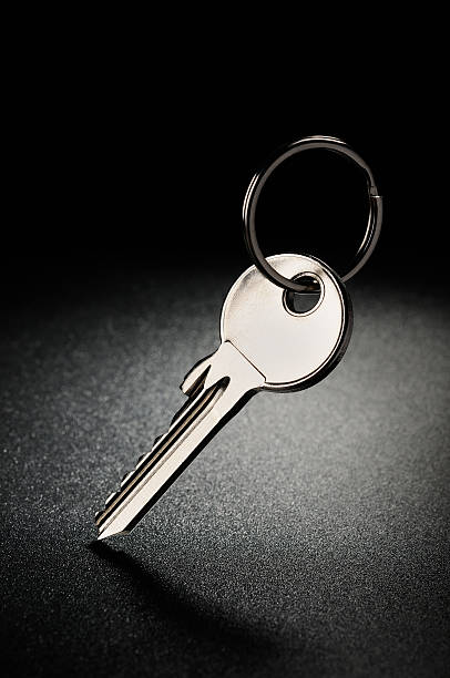 Steel shiny key with ring on a black textured background