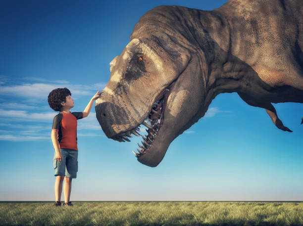 Kid playing with a T rex . This is a 3d render illustration. stock photo