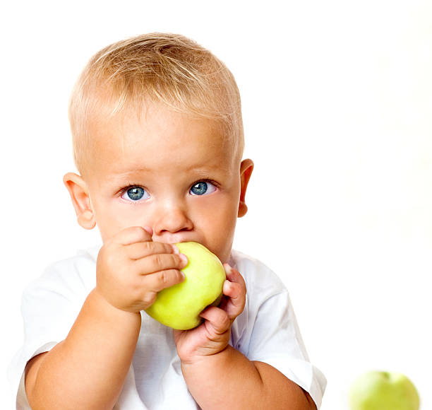 kid with apples stock photo