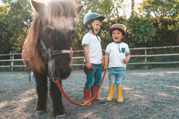 Kids with pony stock photo