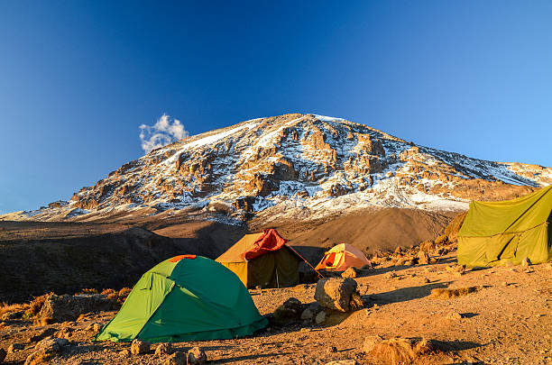 Kilimanjaro and camping tents - Tanzania, Africa Stunning evening view of Kibo with Uhuru Peak (5895m amsl, highest mountain in Africa) at Mount Kilimanjaro,Kilimanjaro National Park,seen from Karanga Camp at 3995m amsl. Tents in the foreground. mt kilimanjaro photos stock pictures, royalty-free photos & images