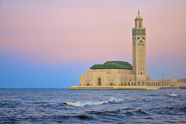 King Hassan II mosque in Casablanca at dusk stock photo