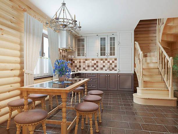 kitchen and dining area in a log interior - cooking step by step bildbanksfoton och bilder