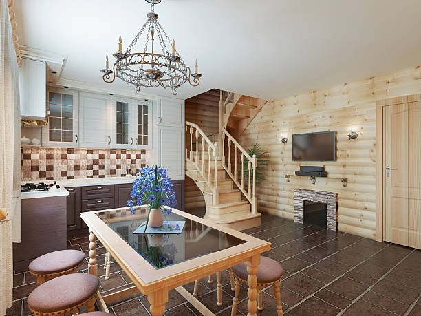 kitchen and dining area in a log interior - cooking step by step bildbanksfoton och bilder