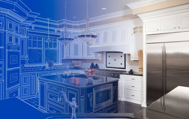 Kitchen Blueprint Drawing Gradating Into Finished Build stock photo
