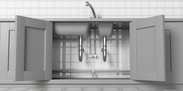 Kitchen cabinets with open doors, stainless steel sink and water tap, under view. White tiled wall backgound. 3d illustration Kitchen cabinets with open doors, stainless steel sink and water tap, under view. White ceramic tiles wall backgound. 3d illustration sink stock pictures, royalty-free photos & images