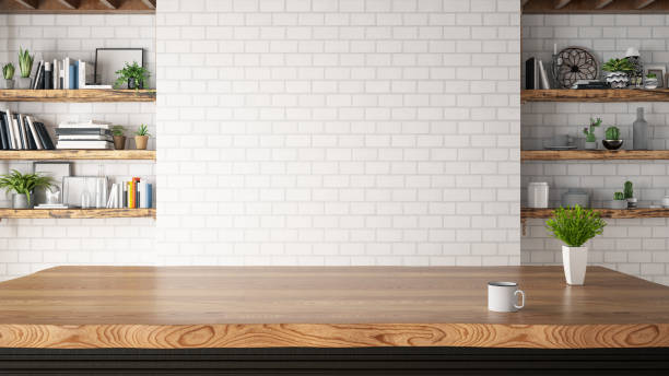 Kitchen Counter with Empty Wall Loft wooden kitchen design no people stock pictures, royalty-free photos & images