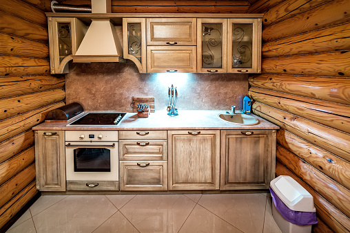 modern kitchen furniture in log cabin