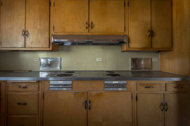 Kitchen in an abandoned home stock photo