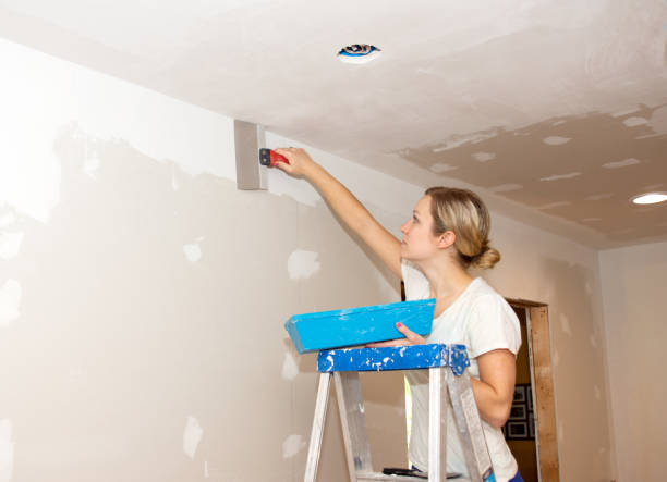 Kitchen Remodel Young Woman Taping Ceiling Joint stock photo