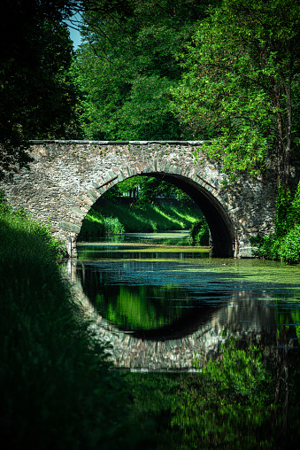 Austria, Kärnten, Klagenfurt. Historic stone bridge across the Lendkanal, 8th district “Villacher Vorstadt”. It was built in 1535 and is the oldest bridge over the Lend Canal.