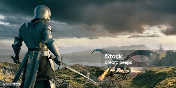 istock Knight Looks Down On Huge Dragon Breathing Fire Near Castle 1288624991