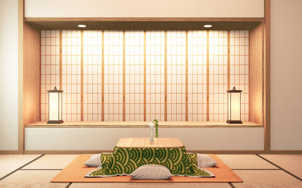 畳に小達の低いテーブルと枕、部屋日本3dレッドネーキング - 和室 ストックフォトと画像