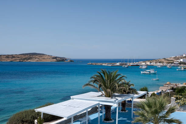 Koufonisia village - Panoramic  view on the bay. Summer morning,  Lesser Cyclades island group, Greece stock photo
