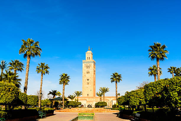 Koutobia Mosque Marrakech Koutobia Mosque, Marrakesh, Morocco its palm trees and bright blue sky. koutoubia mosque stock pictures, royalty-free photos & images