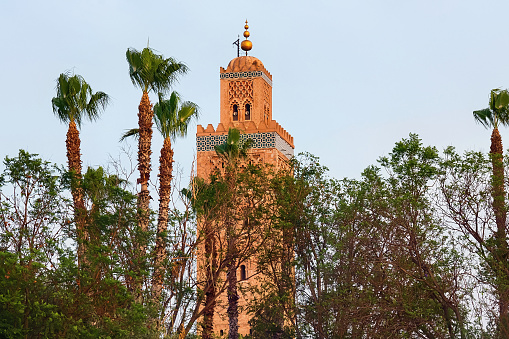 Koutoubia Mosque in the medina quarter of Marrakesh, Morocco. It is largest mosque in town and located near the famous public place of Jemaa el-Fna, and is flanked by large gardens.