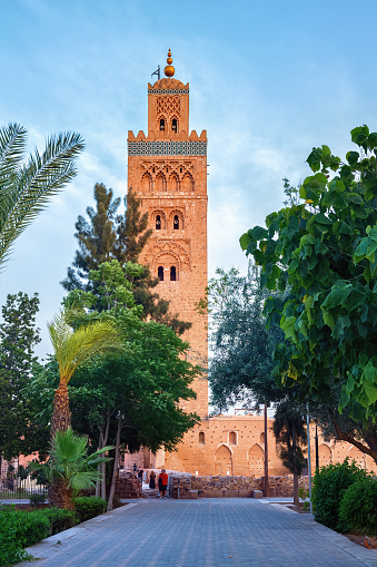 MARRAKESH, MOROCCO - JUNE 03, 2017: Koutoubia Mosque in the medina quarter of Marrakesh, Morocco. It is largest mosque in town and located near the famous public place of Jemaa el-Fna.
