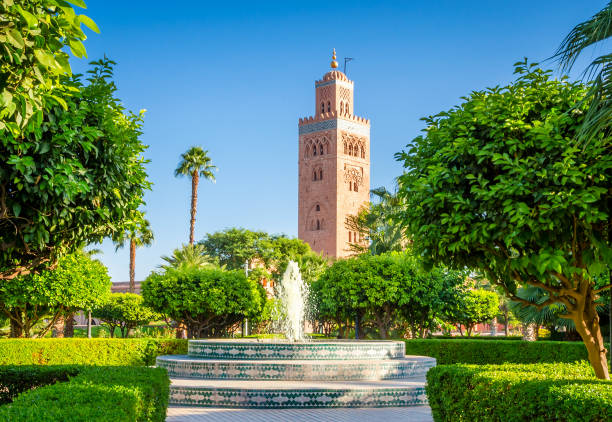 Koutoubia Mosque minaret in old medina  of Marrakesh, Morocco Koutoubia Mosque minaret in old medina  of Marrakesh, Morocco koutoubia mosque stock pictures, royalty-free photos & images