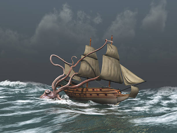 Kraken attacking an ancient ship stock photo