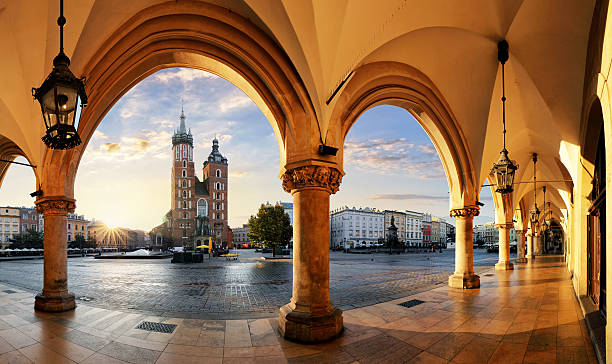 Krakow at sunrise, Poland. stock photo