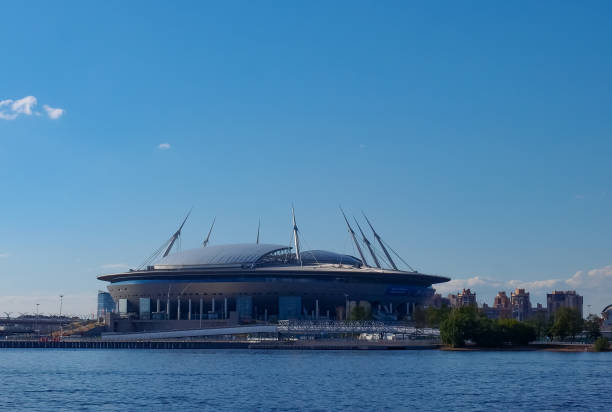 Krestovsky Stadium with blue sky in Saint Petersburg stock photo