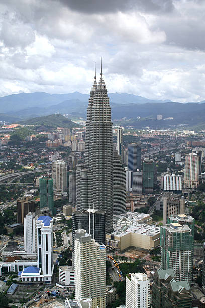 Kuala Lumpur Cityscape Aerial view of the landscape around the Petronas Twin Towers in Kuala Lumpur, Malaysia. central market kuala lumpur stock pictures, royalty-free photos & images