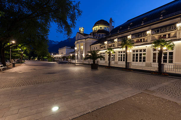 Kurhaus of Merano in South Tyrol at the blue hour stock photo