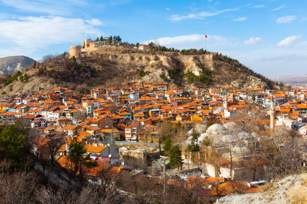 Kutahya cityscape and hill with ruined Byzantine castle, Turkey stock photo