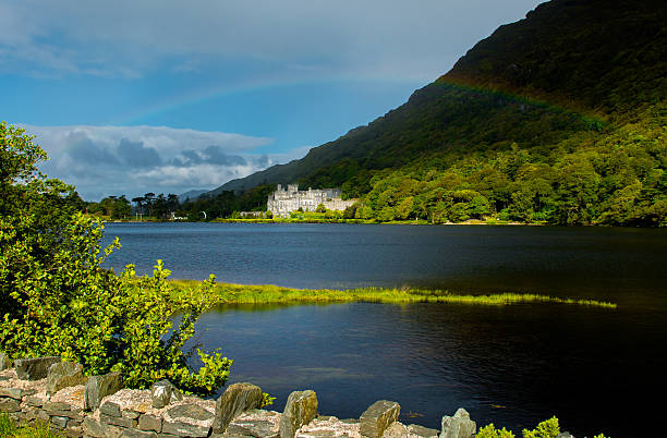Kylemore Abbey in Ireland under a Rainbow stock photo