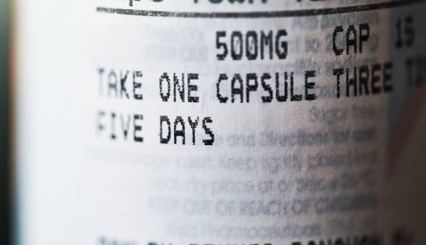 Label of a pill bottle giving directions for a course of antibiotics stock photo