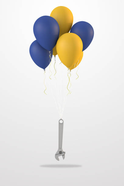 Labor day celebration with balloons floating with a wrench 3D render stock photo