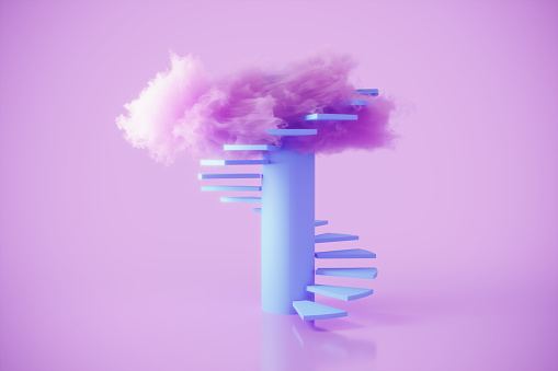 Stairs rising to the clouds, symbolizing success, career growth, individuality concepts. (3d render)