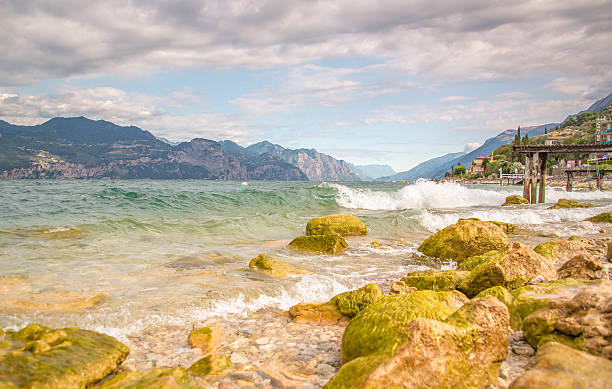 Lago di Garda lake with waves stock photo