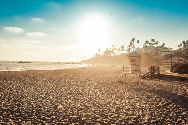 Laguna Beach lifeguard in sunset stock photo