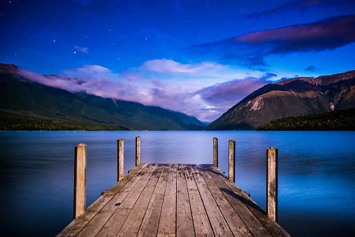 Lake Dock At Night With Stars And Moon Shadow Lake Rotoiti Nelson Lakes