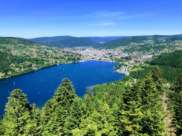 Lake Gérardmer Photo looking down on Lac Gérardmer. vosges department france stock pictures, royalty-free photos & images