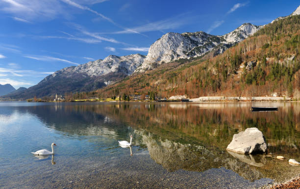 Lake Grundlsee, Autumn Reflections, Austria (XXXL) "Lake Grundlsee, Autumn Reflections, Austria. Nikon D3X. Converted from RAW." ausseerland stock pictures, royalty-free photos & images