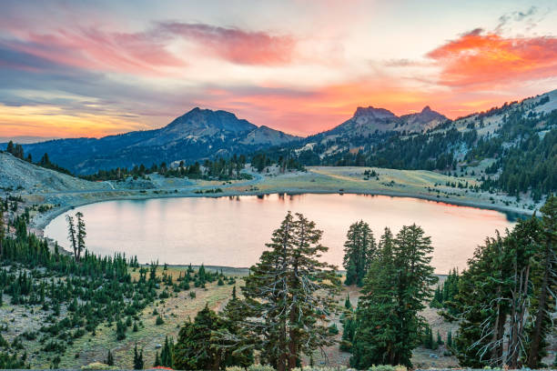 Lake Helen Lassen Volcanic National Park California Stock photograph of Lake Helen in Lassen Volcanic National Park during sunset. natural landmark stock pictures, royalty-free photos & images