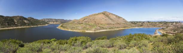 Lake Hodges Panorama, San Diego County North, Southern California USA Panoramic Landscape View of Scenic Lake Hodges and Bernardo Mountain on Piedras Pintadas Hiking Trail near Escondido, California lake hodges stock pictures, royalty-free photos & images