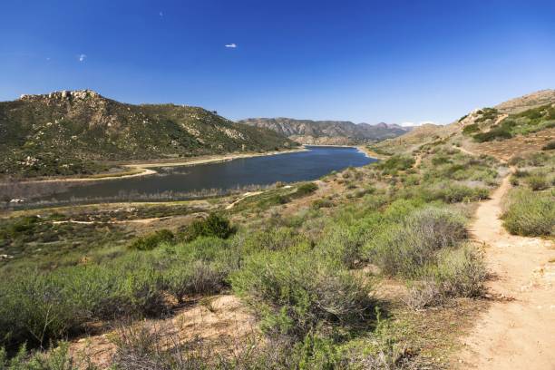 Lake Hodges Scenic Landscape View San Diego County California Scenic Landscape View of Inland Lake Hodges from Piedra Pintadas Hiking Trail in Rancho Bernard North San Diego County near Interstate 15 lake hodges stock pictures, royalty-free photos & images