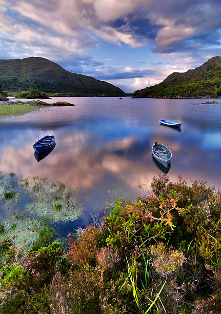 Lake in Killarney Boats on water in Killarney National Park, Republic of Ireland, Europe killarney ireland stock pictures, royalty-free photos & images